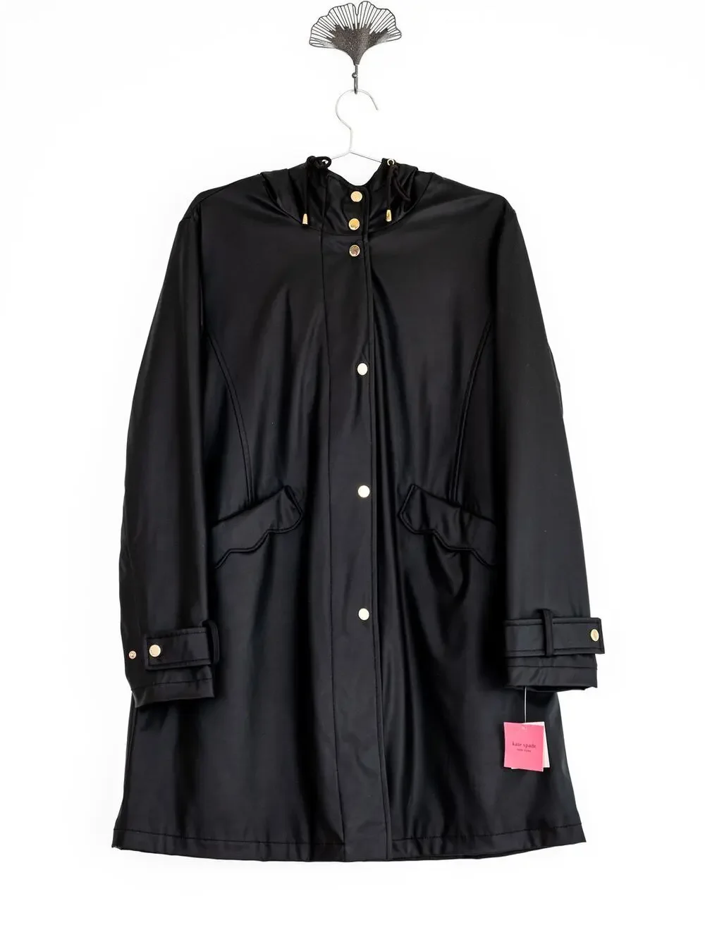 Kate Spade New York K29741 Black Scallop Pocket Matte Trench Coat Size M NWT
